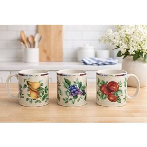 3 Coffee Mug/Cup Sakura Ceramic Sonoma Excell Oneida Fruit Apples Pears Grapes